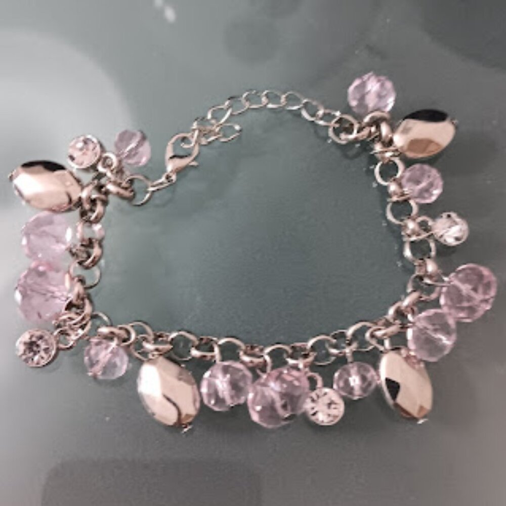 DESIGNER Mod/Contemporary Silver Pale Pink Clear Crystal Charm Rolo Bracelet